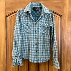 2/$15 Panhandle - Flannel - Pearl Snap - blue & brown - Coastal Cowgirl